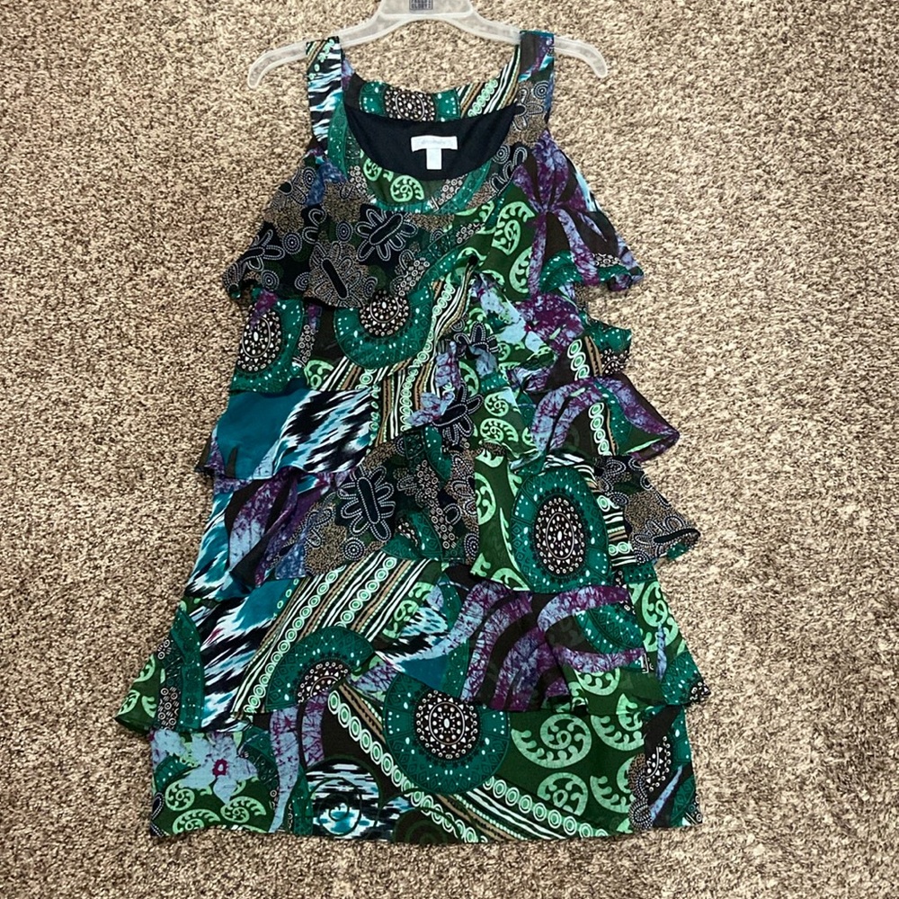Dressbarn tiered green and purple knee-length, lined dress size 8